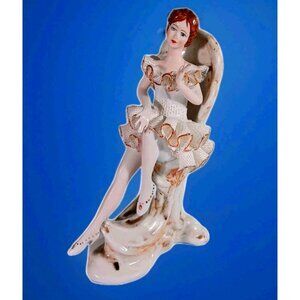 Vintage 1950s Dresden Lace Porcelain Figurine Of A Ballerina In Chair Gold Trim